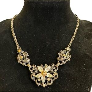 Vintage Coro Gold Clear Yellow Rhinestone Mid Century Necklace 16”